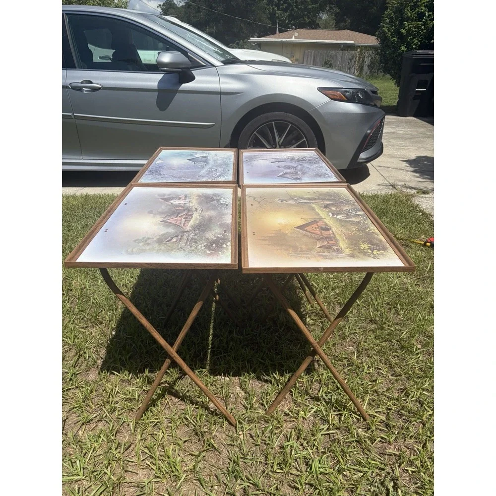 Vintage Set of 4 Andres Orpinas Folding TV Tray Tables Barn Farm Rustic Cabin